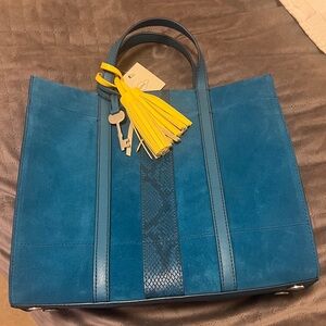 Fossil Suede “Carmen Shopper Tote” NWT -Lagoon with Snakeskin Accent